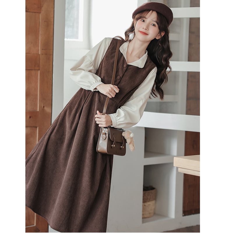 [Status series]★Setup★ 2color shirt + sleeveless dress Retro brown black