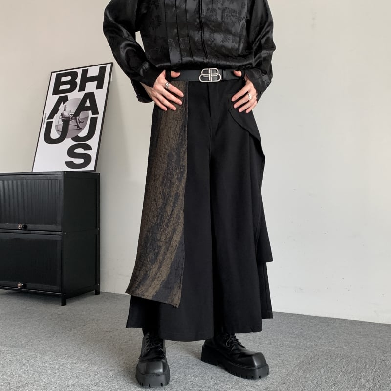 [Illustrated series]★China style trousers★ Gaucho pants, irregular, unisex, men's, nine-quarter length, black, black switching