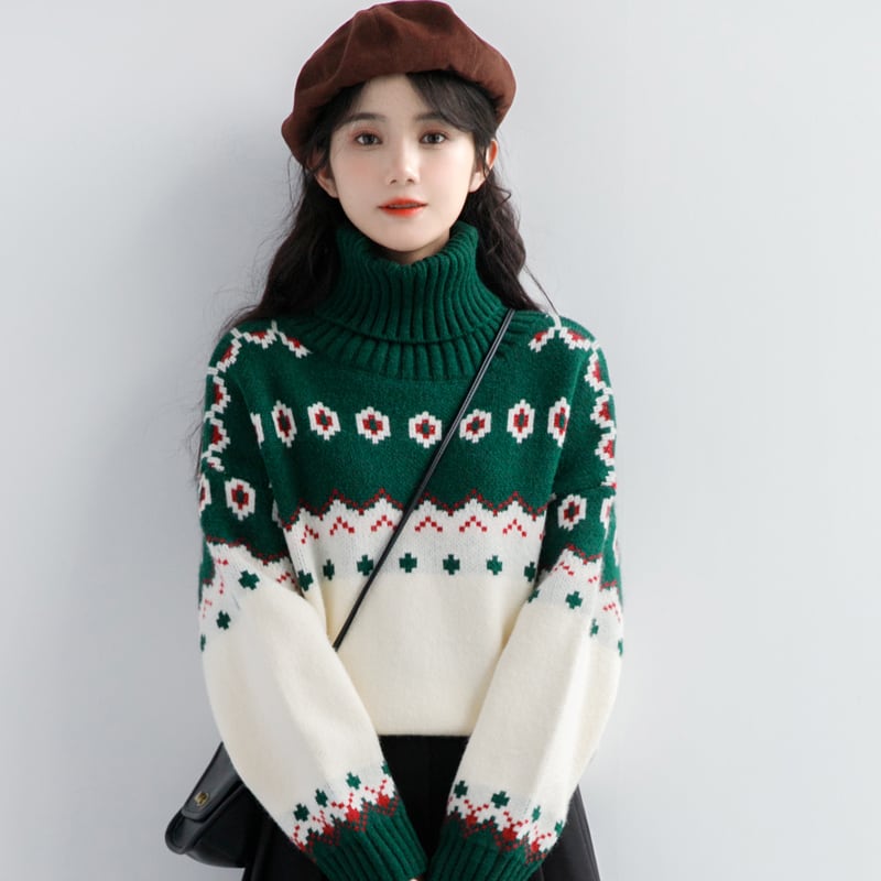 [ZISUO Series]★Sweater★ 2color Tops Christmas Red Green High Neck Thick Warm