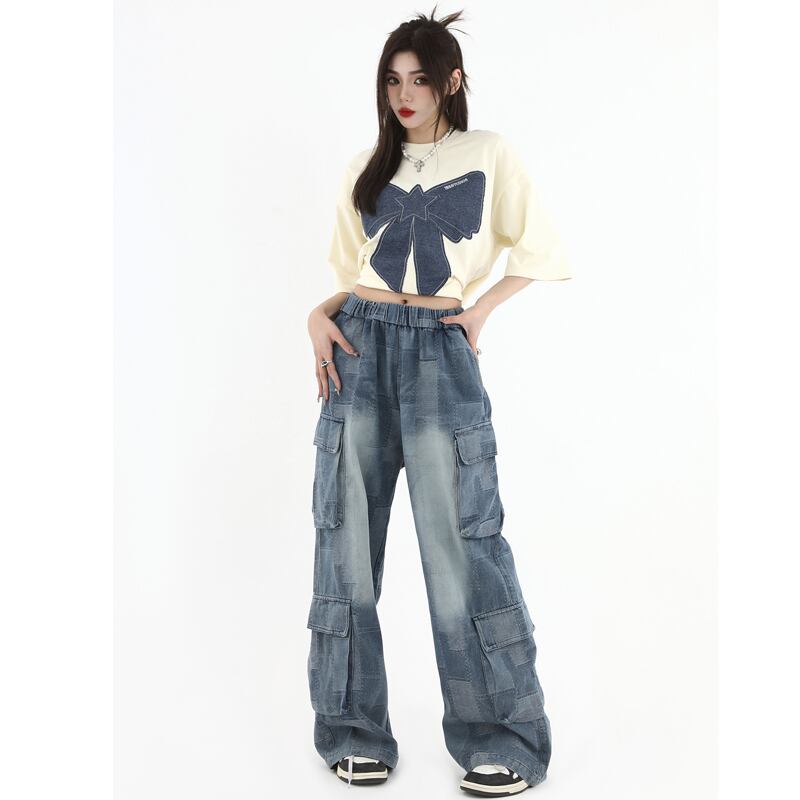 [Studios Series]★Denim Pants★ Bottoms Unisex Men's Trousers Plaid Pattern Elastic Waist Retro