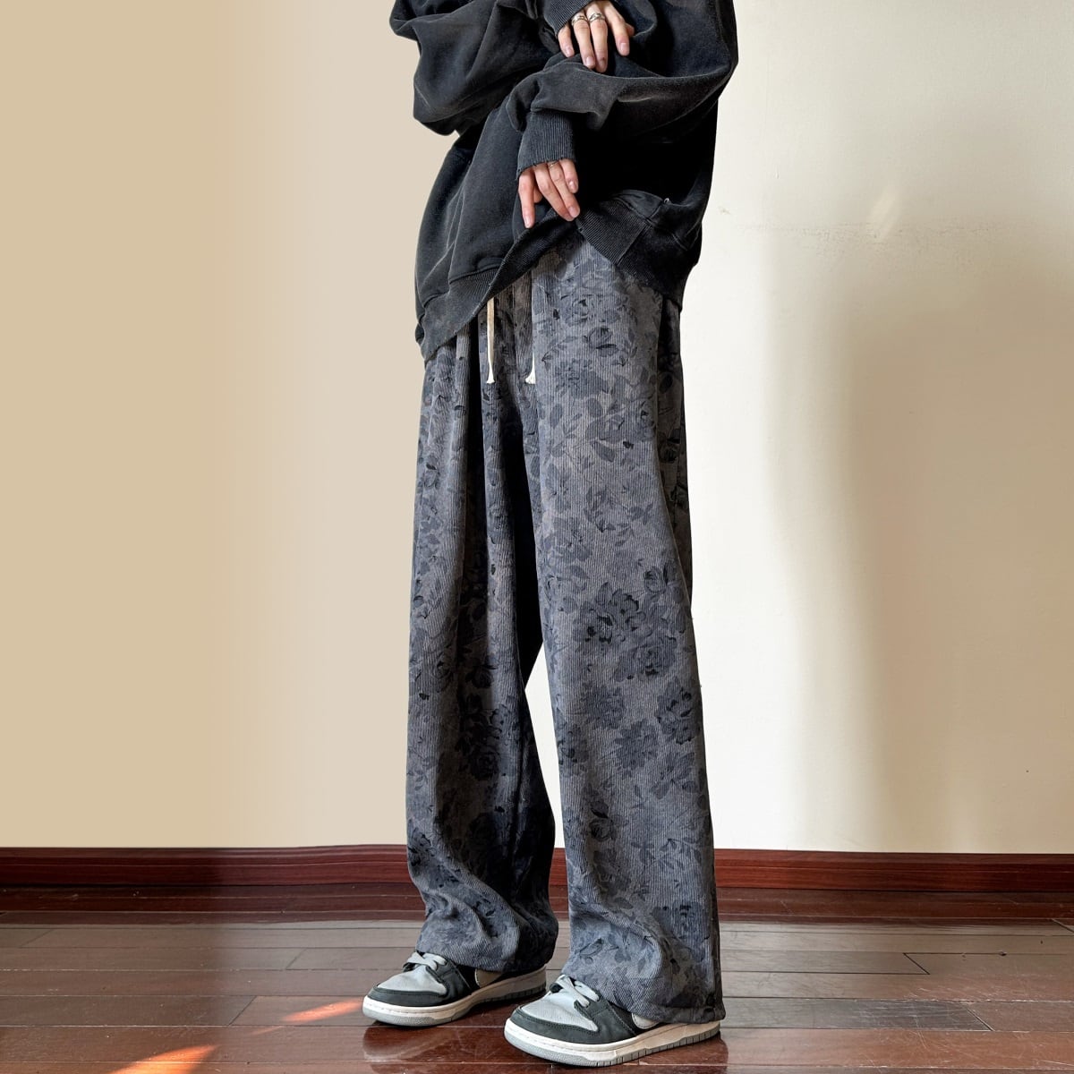 [V37 Series]★Casual Pants★ Brushed lining available 2color Floral pattern Unisex Men's Brown Gray