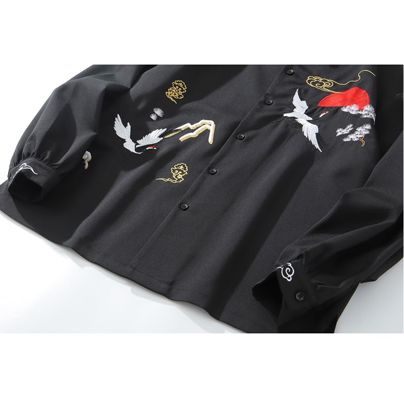 [Jusei Series]★China style top★ Y-shirt, crane embroidery, men's, unisex, easy to match, loose, black