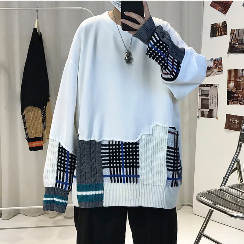 [Gyoshoen Series] ★Tops★ 2color Black or White Switching Casual Unisex Loose Plaid Pattern Black White