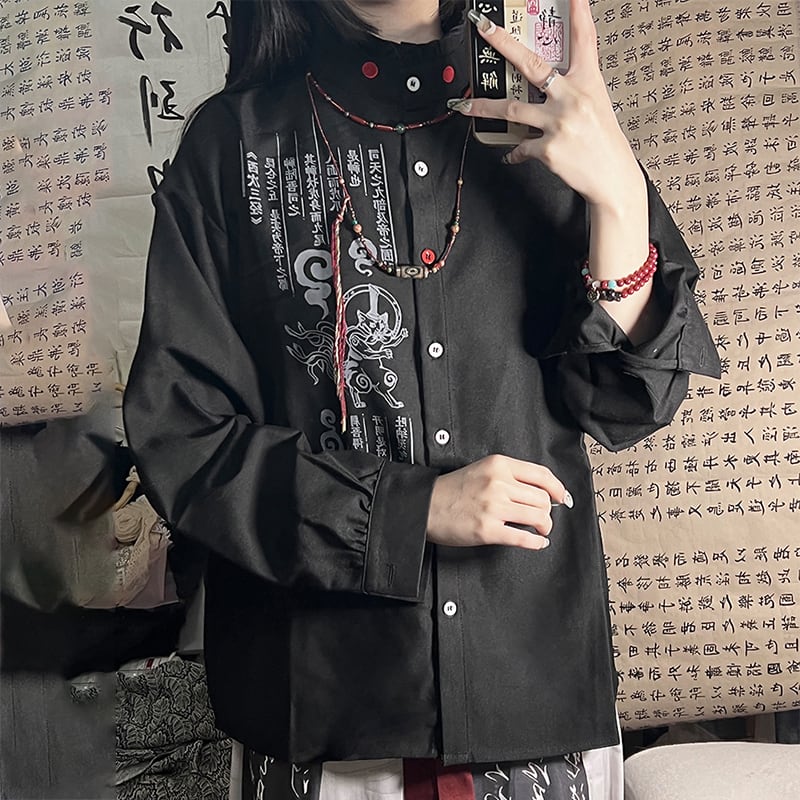 [Old Monster---Sankai Kei Rikugo Series]★China style shirt★ Tops 2color original print beige black