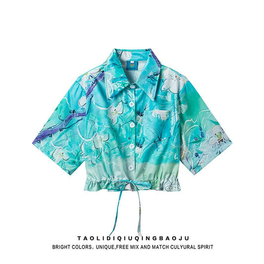 【ANAMONE STUDIOシリーズ】★花柄シャツ★ トップス 半袖シャツ 夏服 油絵風 S M L ショート丈 ブルー 青