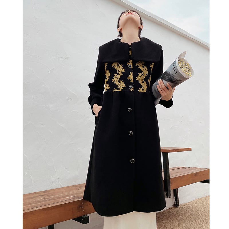 [First look series] ★China style coat★ Long coat outerwear coat cute black gold black SML