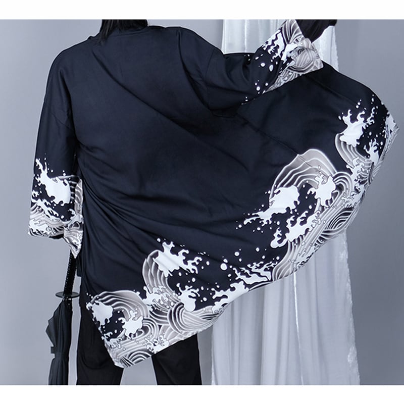 [Kuraho Koya Series]★China style happi coat★2color black or white wave pattern print chiffon improved Hanfu Hanfu coat thin