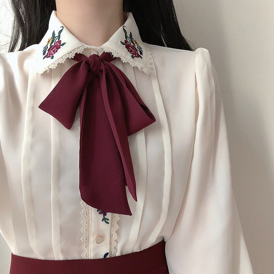 [Sunday Series]★Shirt★ 2color Tops with Ribbon Embroidery Commuting Date Office Ladies Fashion