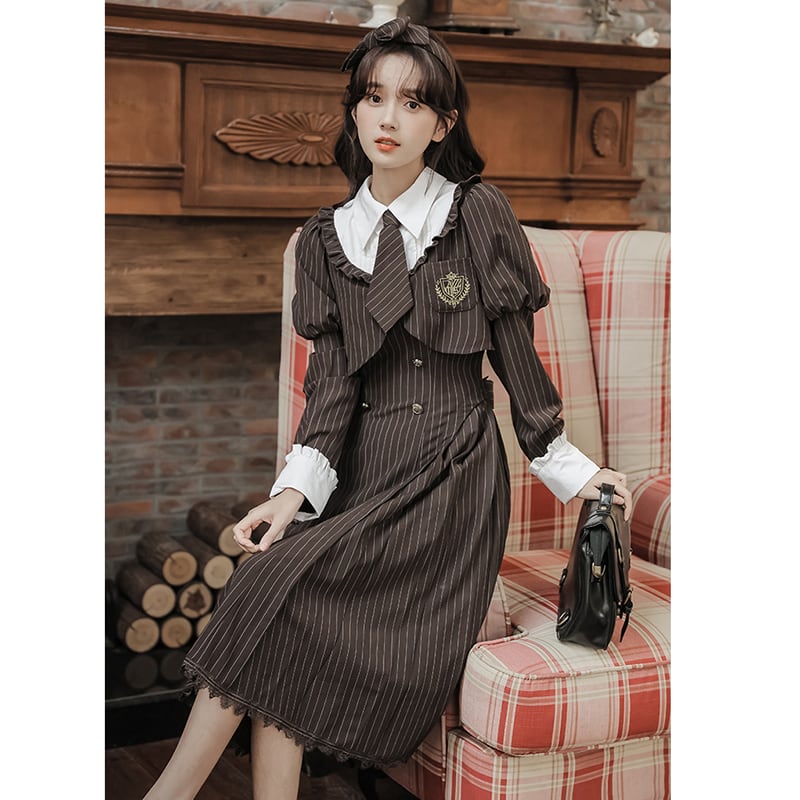 [GOODMORING Series]★Dress with tie★ Faux layered long sleeve dress Cute vertical striped striped pattern