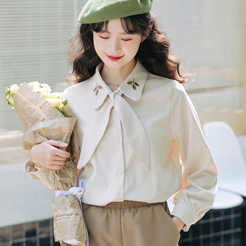 [Love Series] ★Shirt★ 2color Tops Long Sleeve Shirt Cute Embroidery Spring/Autumn Clothes Easy to Match Commuting/Dating