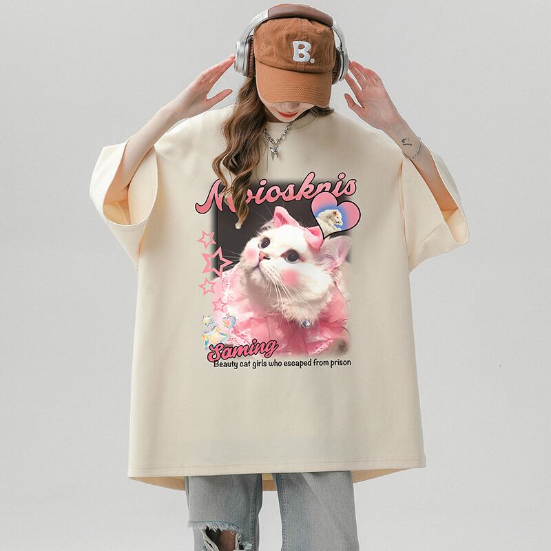 【SENSUシリーズ】★Tシャツ★ 3color トップス 男女兼用 メンズ 夏服 半袖Tシャツ 猫 ベージュ ホワイト ブラック