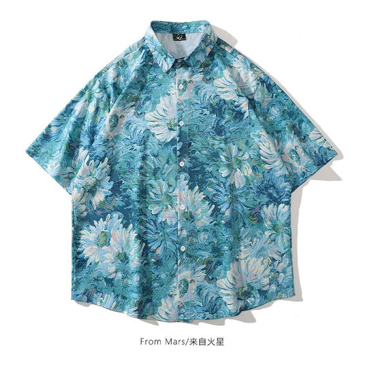 [MOISHE TIDE Series]★Shirt★ Print Oil Painting Style Summer Unisex Floral Pattern Blue Blue ML XL 2XL Easy to match