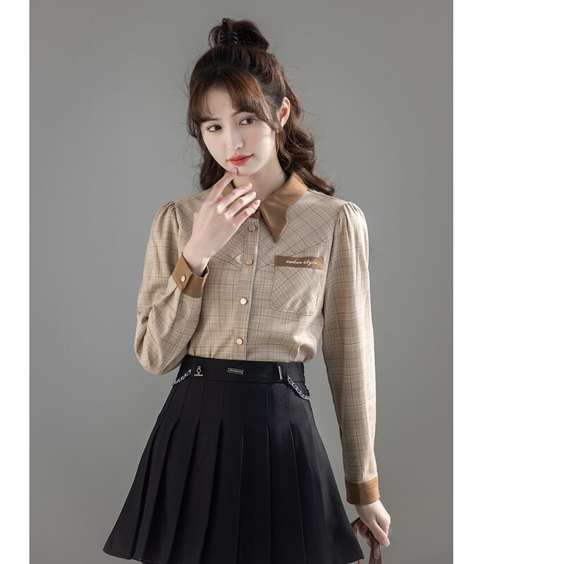 [GUIDUO Series]★Shirt★ Tops, long sleeve shirt, plaid pattern, women's, improves temperament, color scheme, easy to match, brown