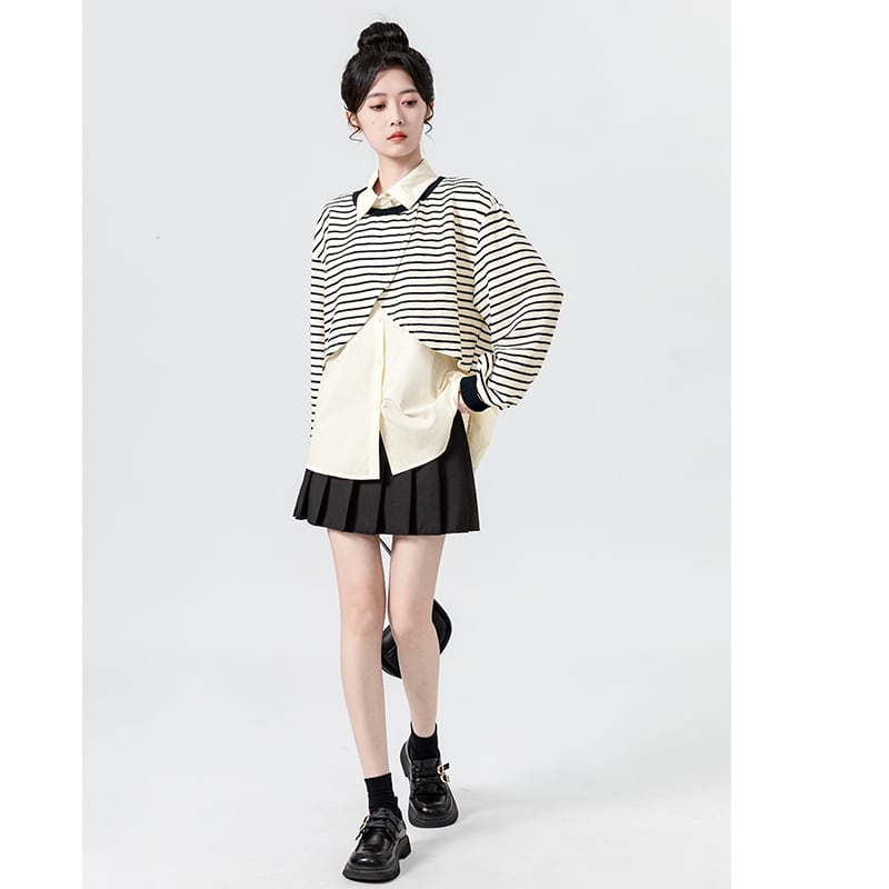 [WEIWU Series] ★Tops★ Fake layered horizontal stripes striped pattern POLO neck fashion SML