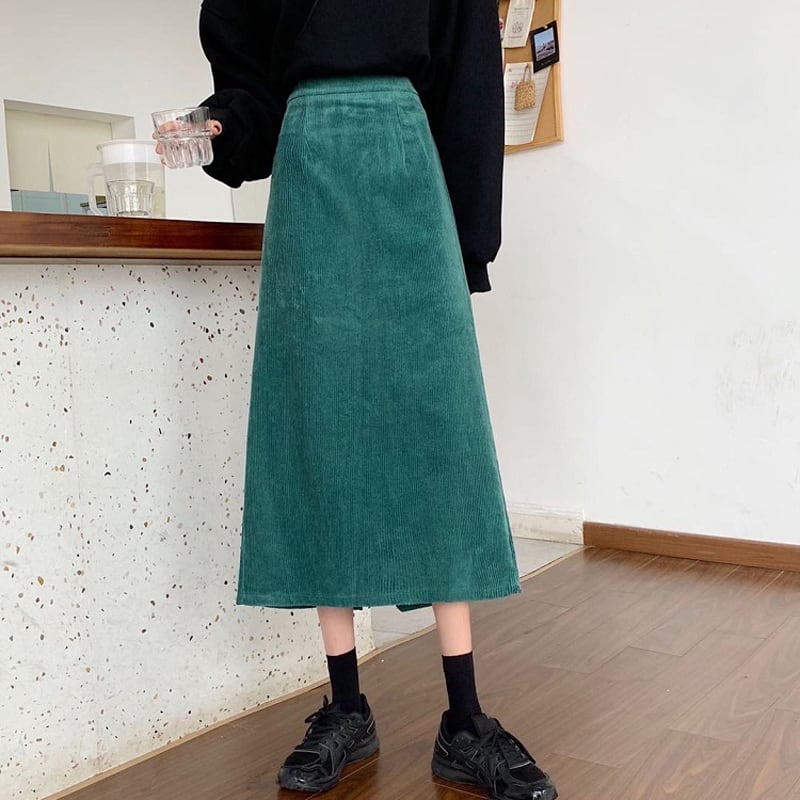 [Left Little Sister Arrival Series] ★Long length skirt★All 4 colors corduroy fabric Plain A-line Beautiful line High waist