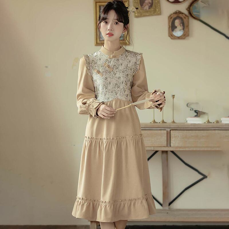 [YUJIAN series]★China style dress★ Switchable, retro, easy to match, date, improves temperament, commuting, floral pattern