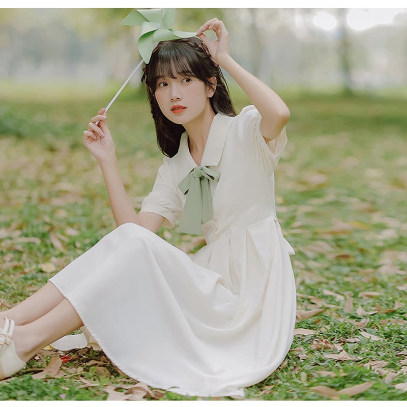 [Han Xuanwei Series] ★One Piece★ 2color Simple Cute Date Ribbon Beige Easy to Match Short Sleeve Dress