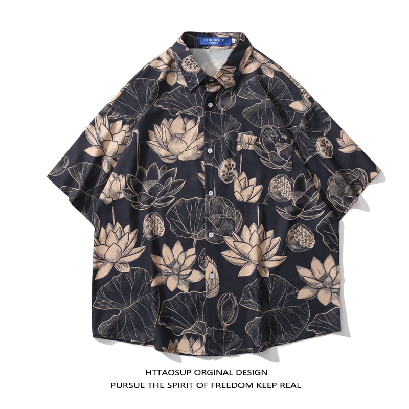 [HTTAOSUP Series]★Shirt★ Floral Shirt Tops Short Sleeve Shirt Unisex Men's Lotus Lotus Print