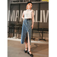 Load image into Gallery viewer, [Kokaisha---Hikimai Series] ★Denim skirt★ 2color bottoms with belt and slit black blue
