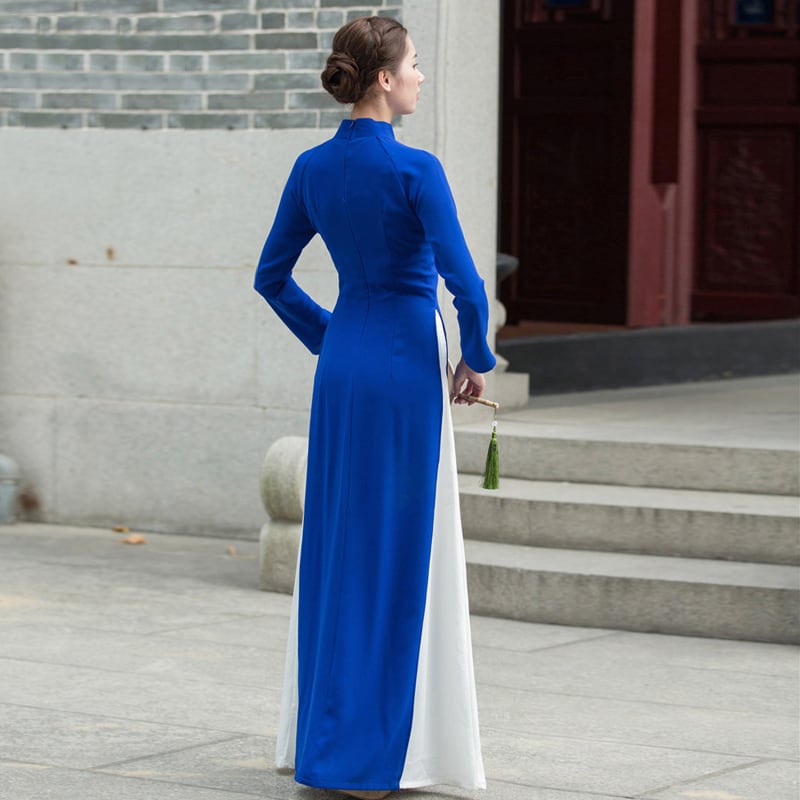 Ao Dai Vietnamese Ethnic Style Long Dress Side Slit Long Sleeve Stand Neck Dress After-Party Bride Thank-you Party Date Invitation Blue Pink Large Size SML XL 2XL