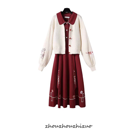 [Shogai Tadoneko Series]★China style setup★Dress + outerwear 2-piece set Floral pattern embroidery Red Red