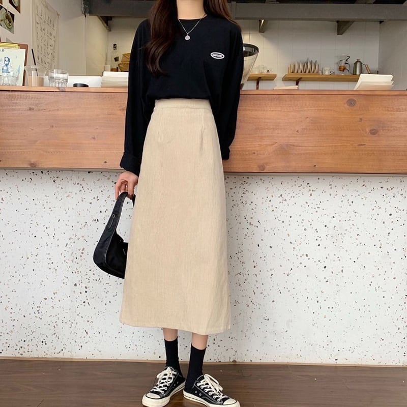 [Left Little Sister Arrival Series] ★Long length skirt★All 4 colors corduroy fabric Plain A-line Beautiful line High waist