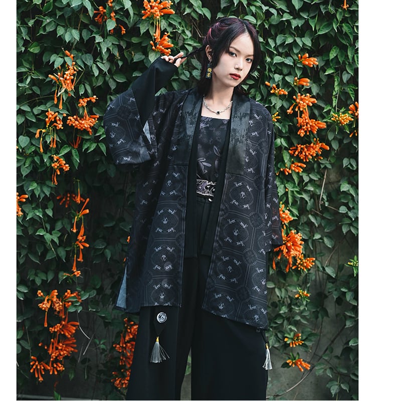 [Old Monster --- Rabbit Series] ★China style happi coat★ Tops Chiffon Thin Black Black Summer clothes Easy to match