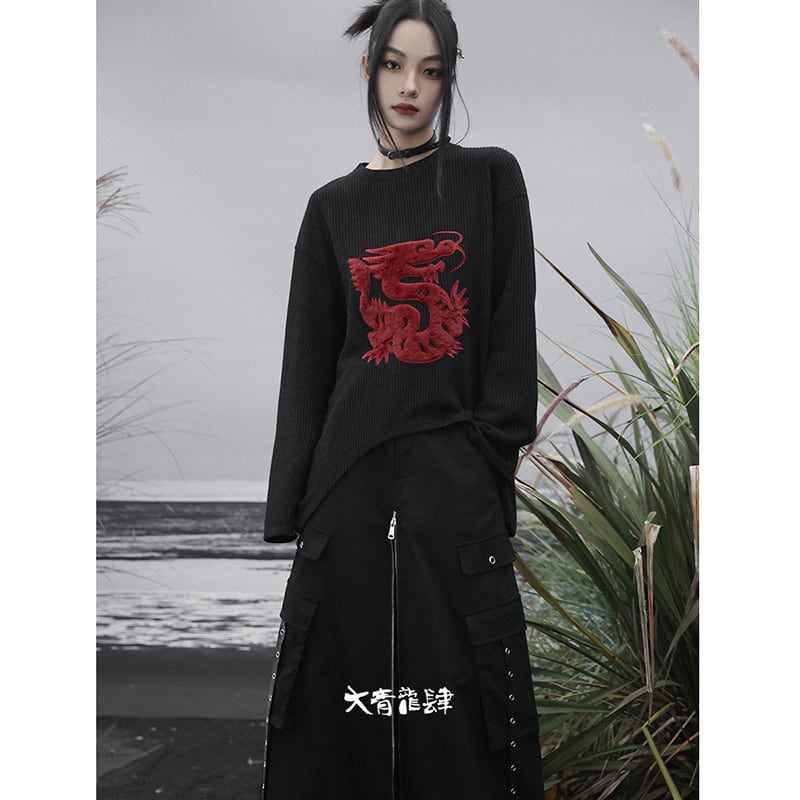 [Big Blue Dragon Series] ★Chinese style sweater★ Knit tops Dragon crest Chinese clothing Black Black Irregular