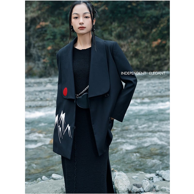 [Big Blue Dragon Series] ★China style coat★ Loose outerwear, embroidered, retro, easy to match, black, black