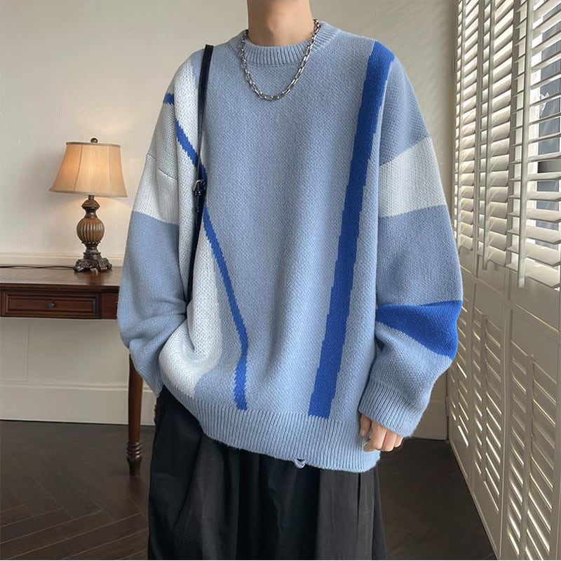 [Emeisa Series]★Sweater★ 3color knit tops Unisex Men's Color scheme Cool Round neck