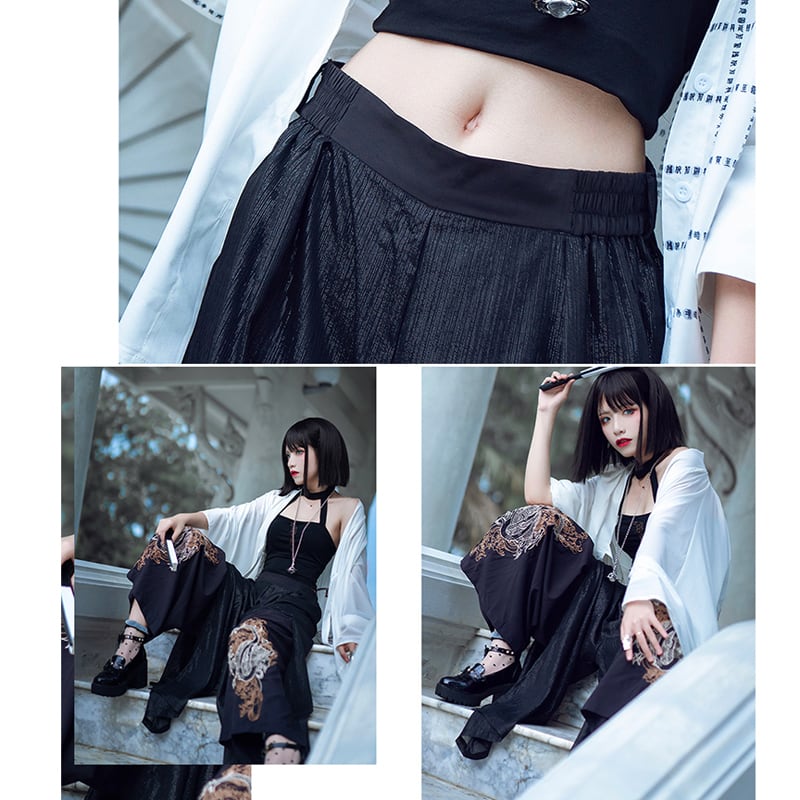 [Kyodo Series] ★China style gaucho pants★ Wide pants, unisex, couple clothes, men's, embroidery, dragon, elastic waist