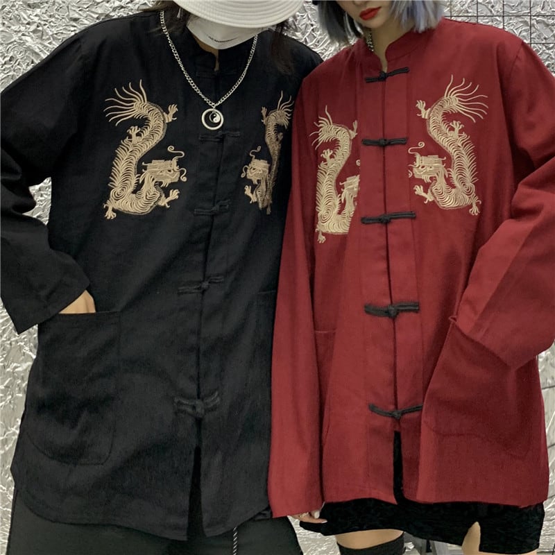 Chinese-style tops, outerwear, shirts, Chinese-style clothing, dragon, improved Tang costume, unisex, dragon pattern, Chinese clothing, Harajuku style, couple clothing, stand-up collar, long sleeves, black, red