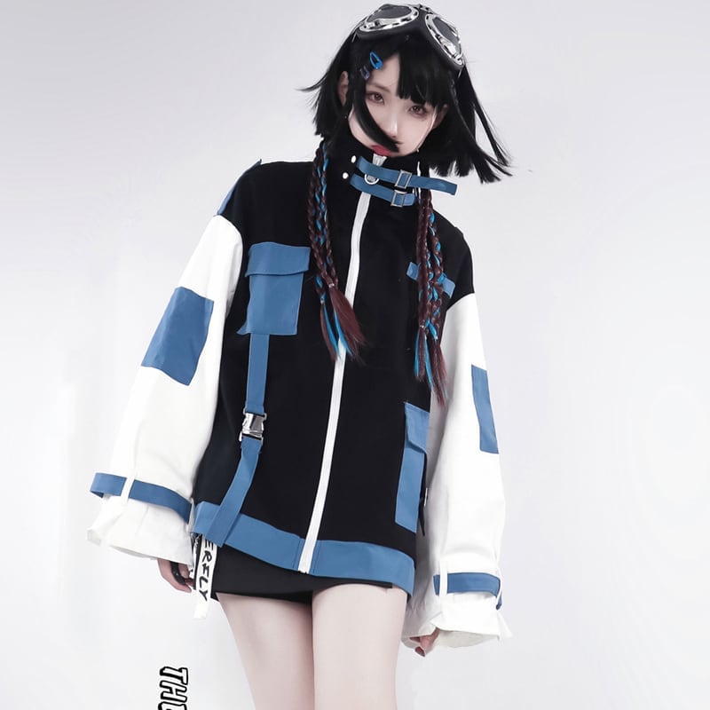 [Momoko Sakura Series] ★Jacket★ Outerwear cute color scheme original white blue black easy to match ladies