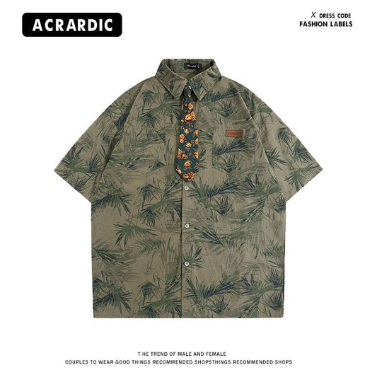 [HTTAOSUP Series]★Shirt with tie★ 2color tops, short sleeve shirt, floral pattern shirt, unisex, men's, retro