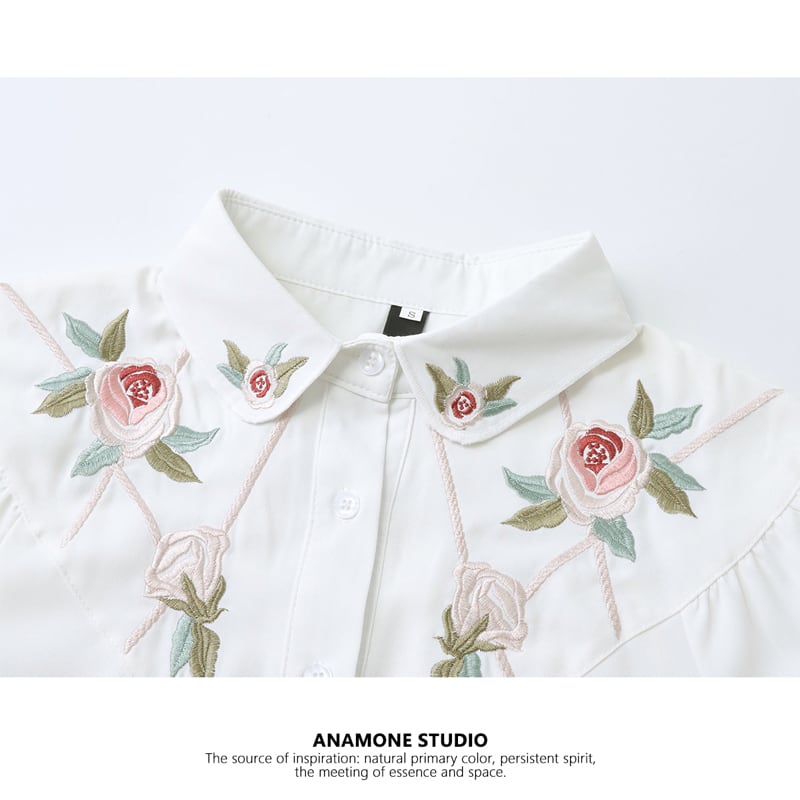 【ANAMONE STUDIOシリーズ】★シャツ★ トップス 刺繍 薔薇 シフォン 春夏 通勤 デート オフィス S M