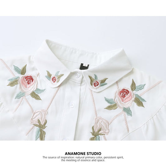 [ANAMONE STUDIO Series]★Shirt★ Tops Embroidery Rose Chiffon Spring/Summer Commuting Date Office SM