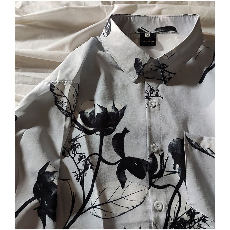 [STRAPPING Series]★Shirt★ 2color Tops Print Unisex Men's Spring Clothes Autumn Clothes Thin Black White Ink Pattern