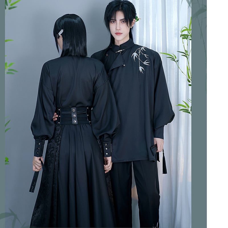 [Kuraho Koya Series]★China-style shirt★China-style tops, long sleeve shirt, bamboo embroidery, unisex, men's black, black