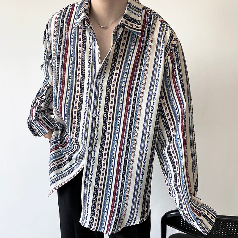 [Illustrated Series]★Shirt★ Tops Unisex Men's Design Print Vertical Stripes Striped Pattern Casual