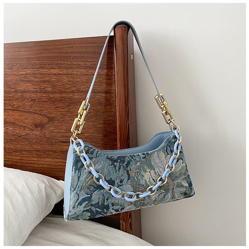 [ANDCICI Series] ★China style bag★ Oil painting style 2color floral pattern cute date commuting OL office blue green