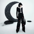 Load image into Gallery viewer, [chicsky---Kurono Series] ★Casual Pants★ Bottoms Black Black Chain Rose SML Slimming Wear
