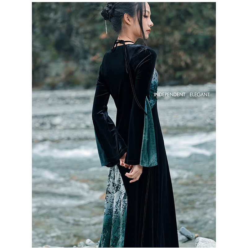 [Big Blue Dragon Series] ★China style dress★ Long length, letter pattern, switching, velvet, original