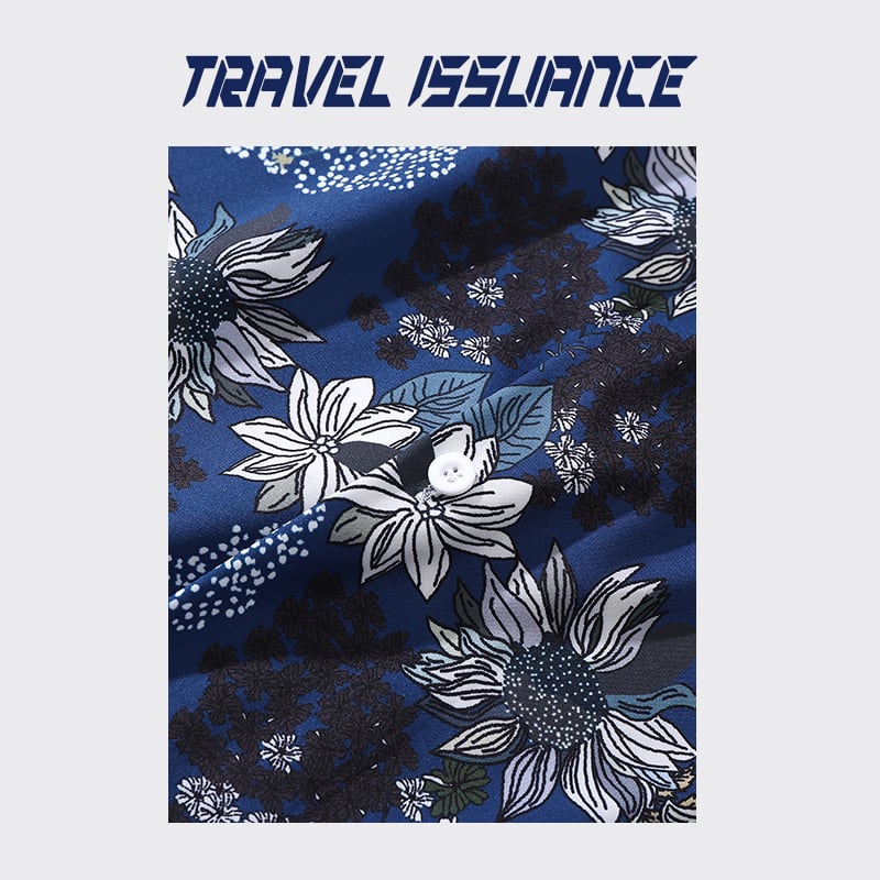 [TRAVEL ISSUANCE Series] ★Floral pattern shirt★ Unisex, men's, unique, loose, easy to match, dark blue, blue