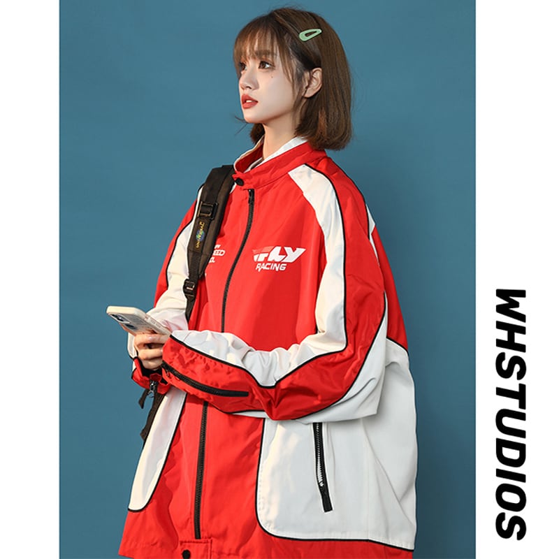 [HUINIU series]★Jacket★ 2color outerwear unisex men's color scheme red black ML XL 2XL