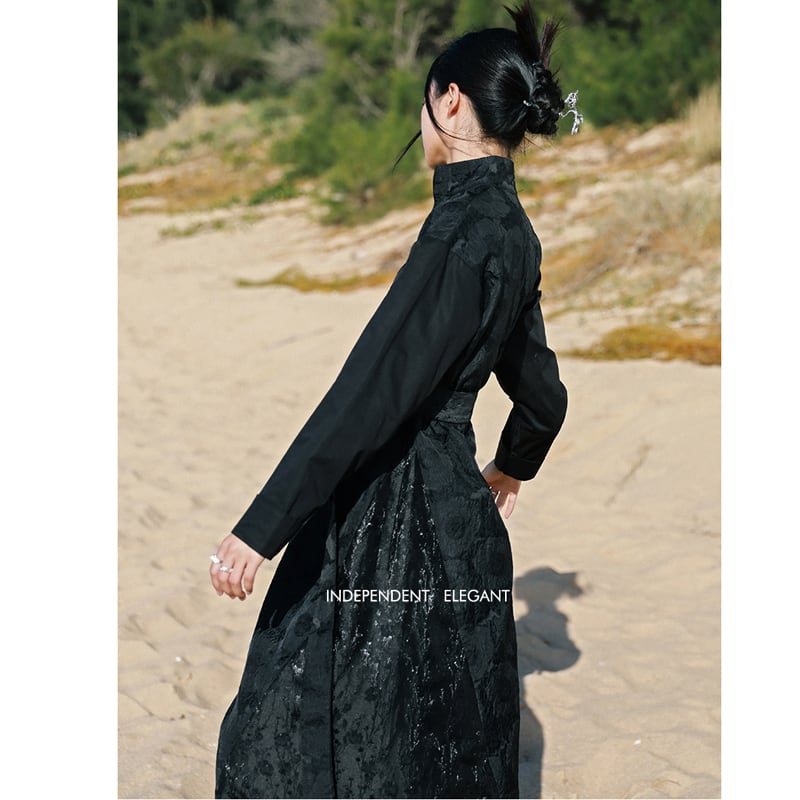 [Daiseiryusu Series]★Chinese style dress★ 2color black or white long length Chinese clothes switching stand neck