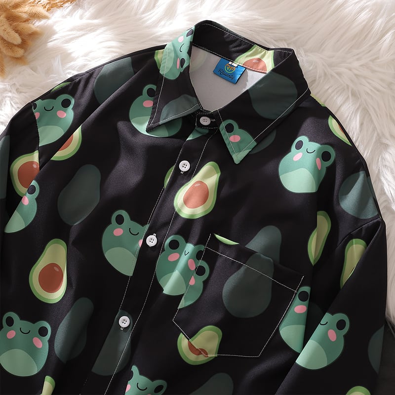 [Escaped Earth Series]★Shirt★ 2color Long Sleeve Shirt Tops Frog Animal Pattern Unisex Men's ML XL 2XL Black White