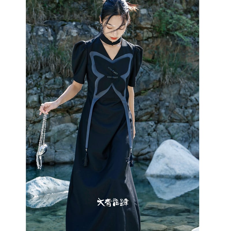 [Big Blue Dragon Series] ★China style dress★ Original butterfly unique design black black long length