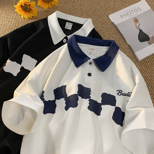 [OULUDE Series]★POLO Shirt★ Tops 3color Plaid Pattern Unisex Men's ML XL 2XL White Black Coffee Color