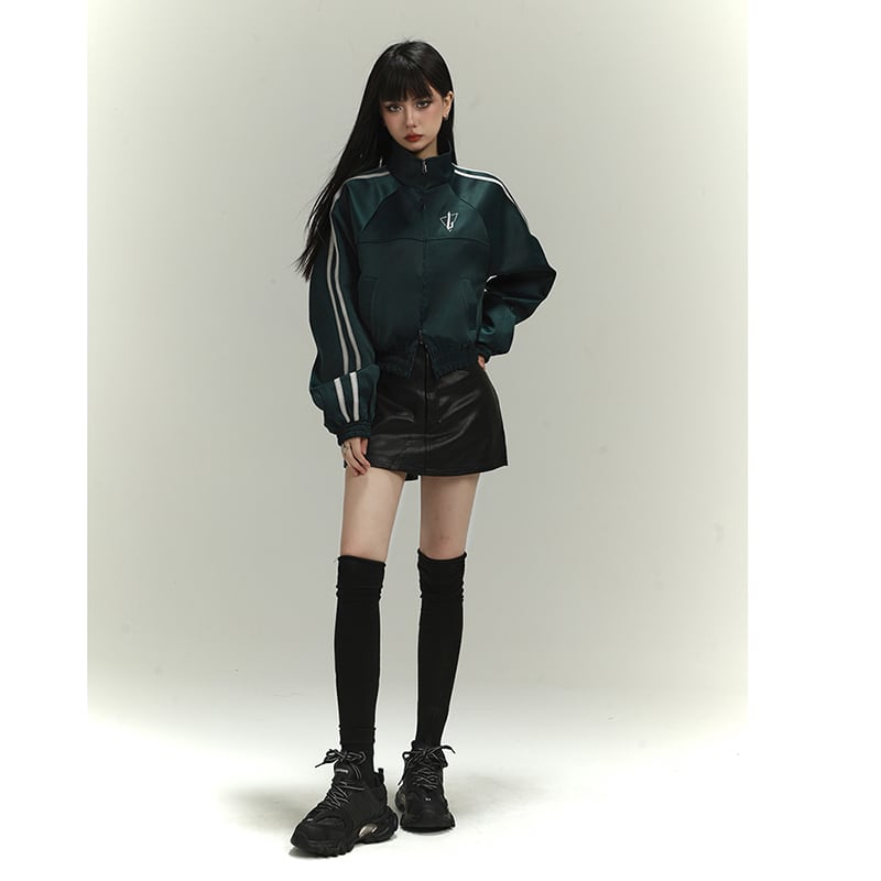 [LadyGhost Series] ★Outer★ Jacket Short Length Stadium Jumper Retro Green Green Easy to match