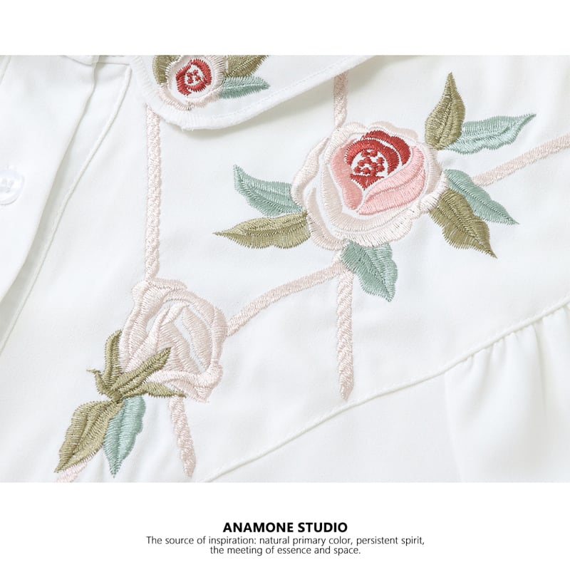 【ANAMONE STUDIOシリーズ】★シャツ★ トップス 刺繍 薔薇 シフォン 春夏 通勤 デート オフィス S M